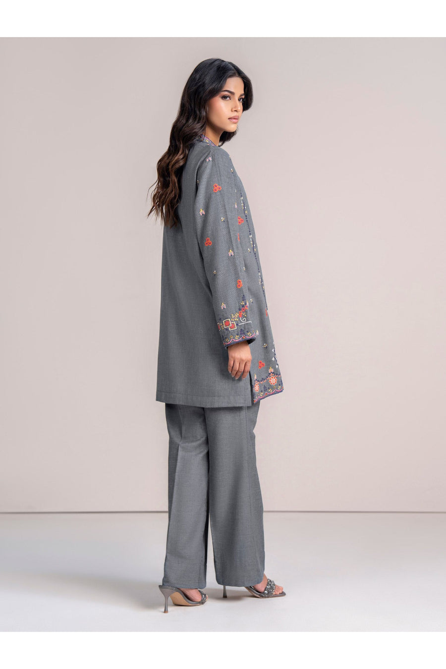 Slate Grey Linen 2-Piece Suit | Resham Embroidery