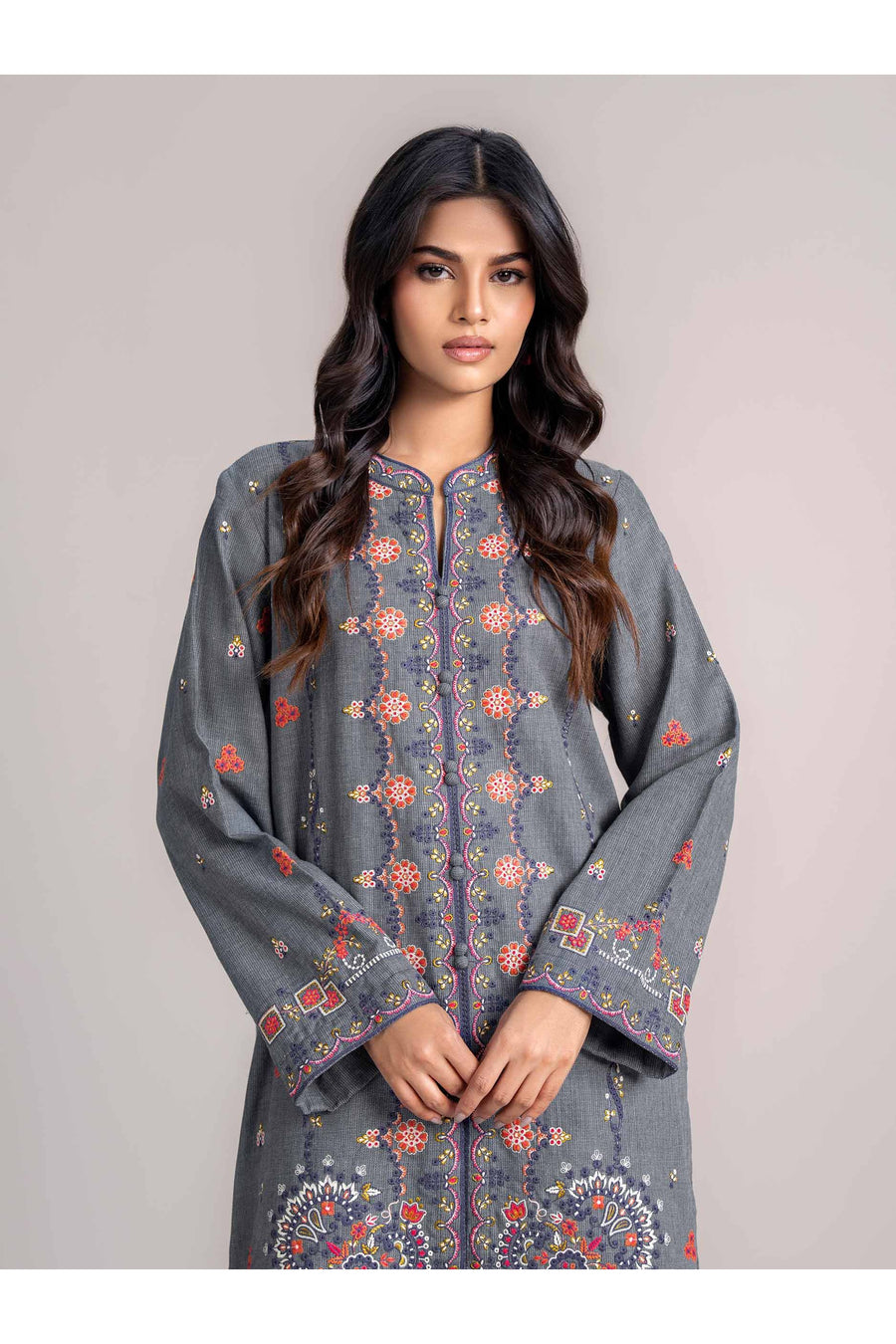 Slate Grey Linen 2-Piece Suit | Resham Embroidery