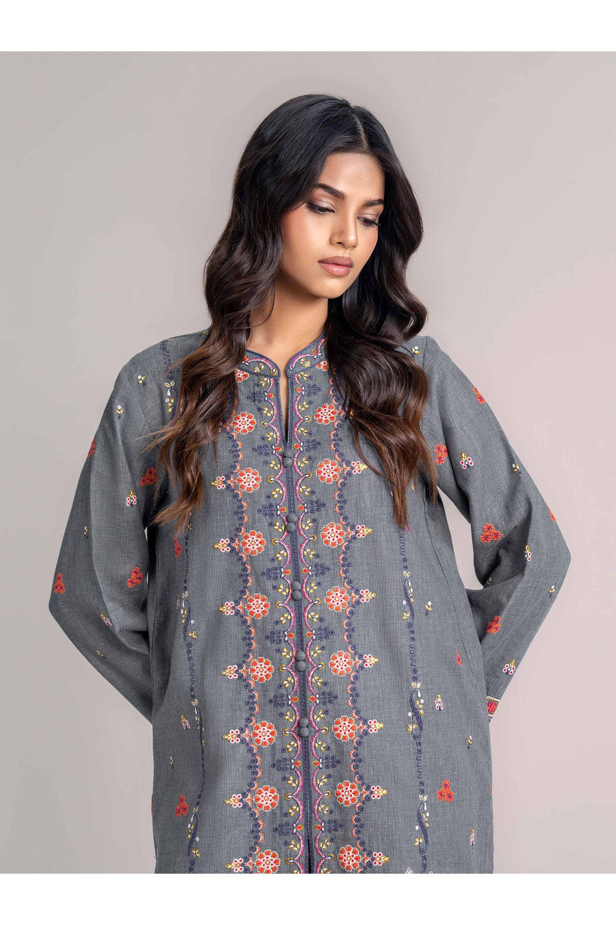 Slate Grey Linen 2-Piece Suit | Resham Embroidery