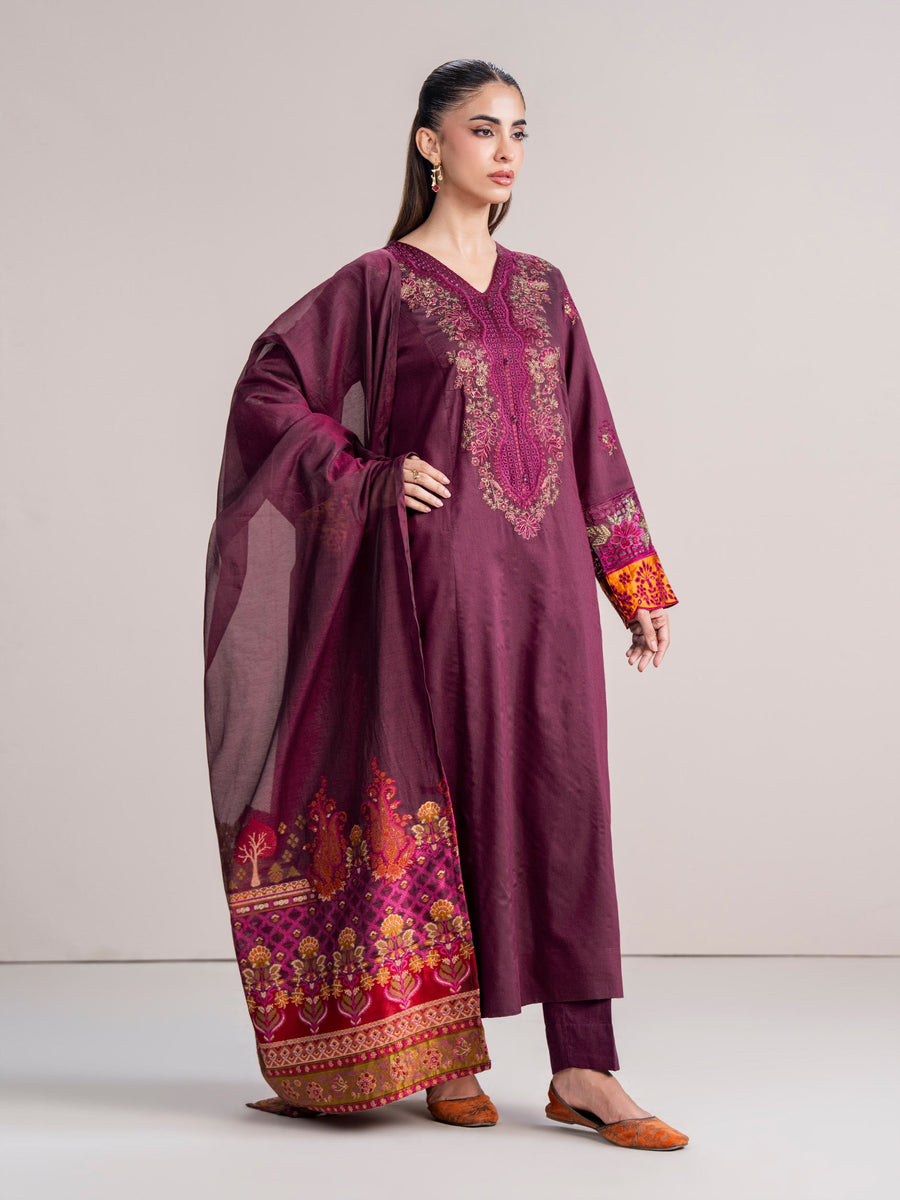 3 Piece Raw Silk Suit- Embroidered (Pret) - Pehnaawaa