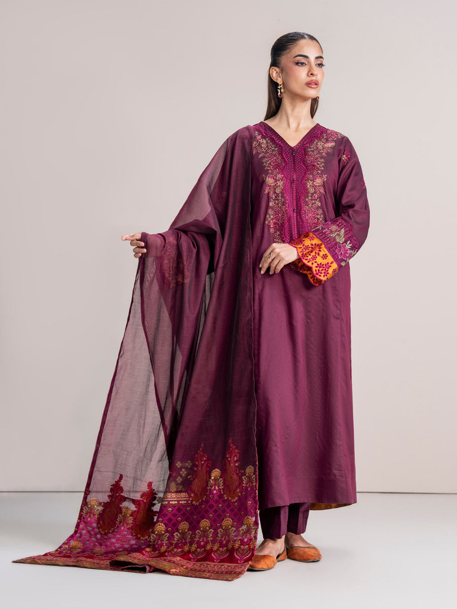 3 Piece Raw Silk Suit- Embroidered (Pret) - Pehnaawaa
