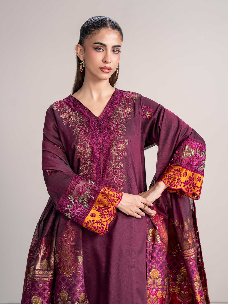 3 Piece Raw Silk Suit- Embroidered (Pret) - Pehnaawaa