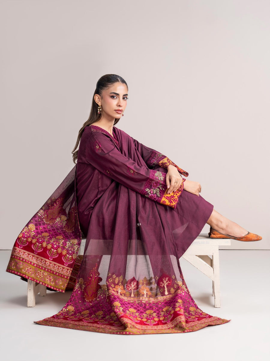 3 Piece Raw Silk Suit- Embroidered (Pret) - Pehnaawaa
