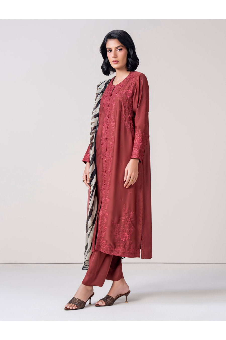 Burgundy Silk 3-Piece Suit | Resham Embroidered Kameez