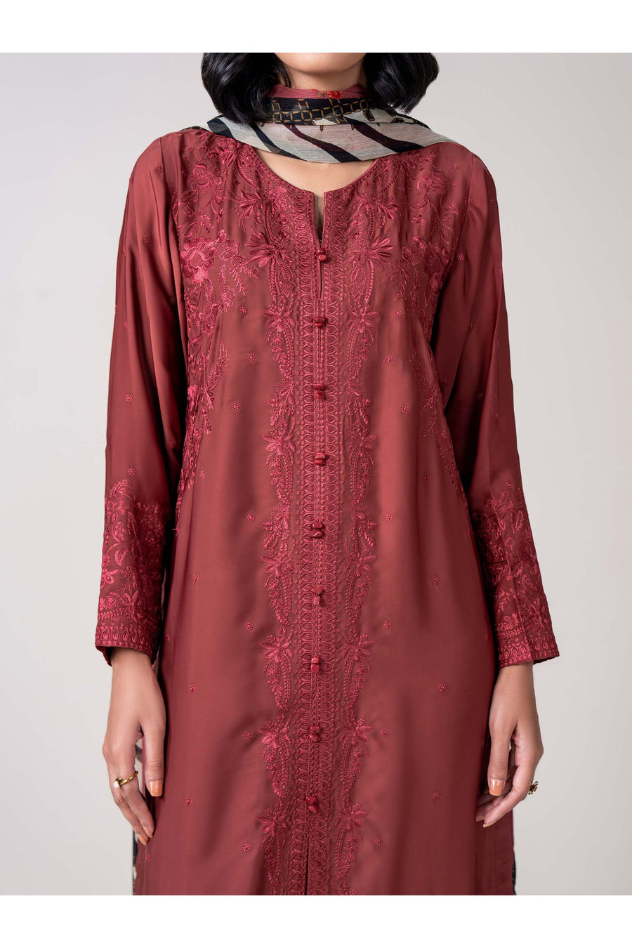 Burgundy Silk 3-Piece Suit | Resham Embroidered Kameez