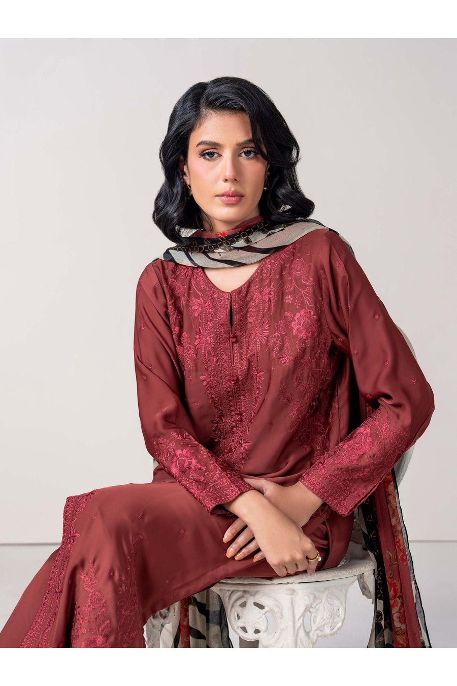 Burgundy Silk 3-Piece Suit | Resham Embroidered Kameez
