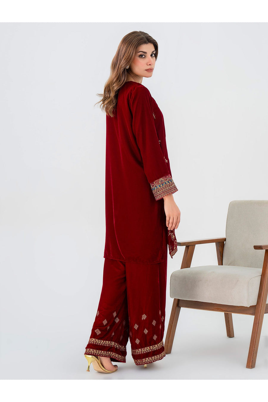 Embroidered Velvet Two-Piece Suit Set