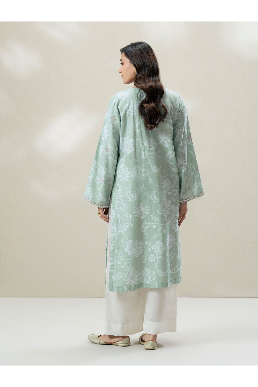 Sage Green Jacquard 2-Piece Kurta | Embroidered Neckline