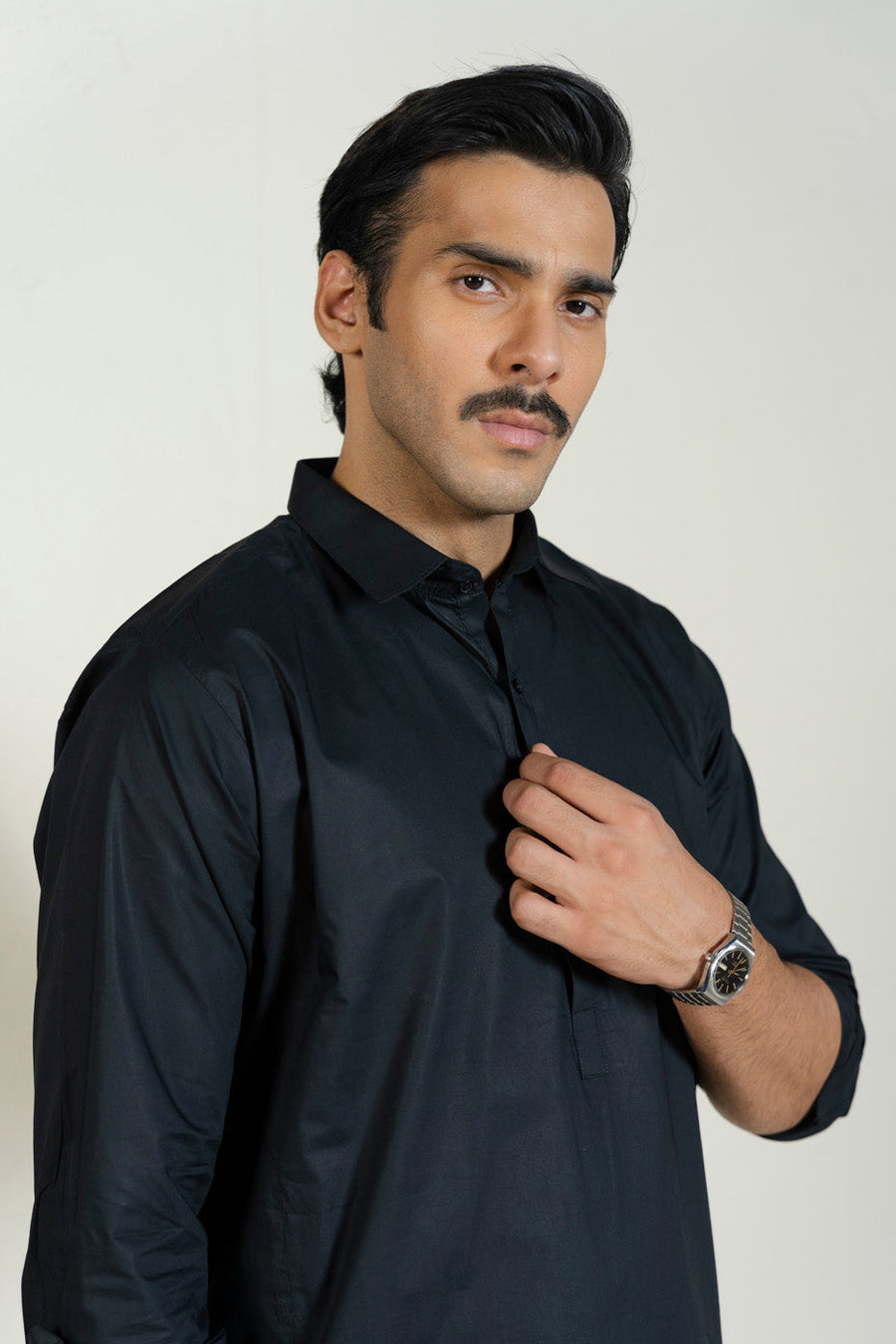 Midnight Cotton 2-Piece Kurta Set | Tailored Collar