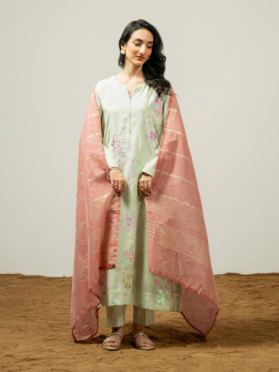 3 Piece Jacquard Suit-Embroidered (Pret) - Pehnaawaa