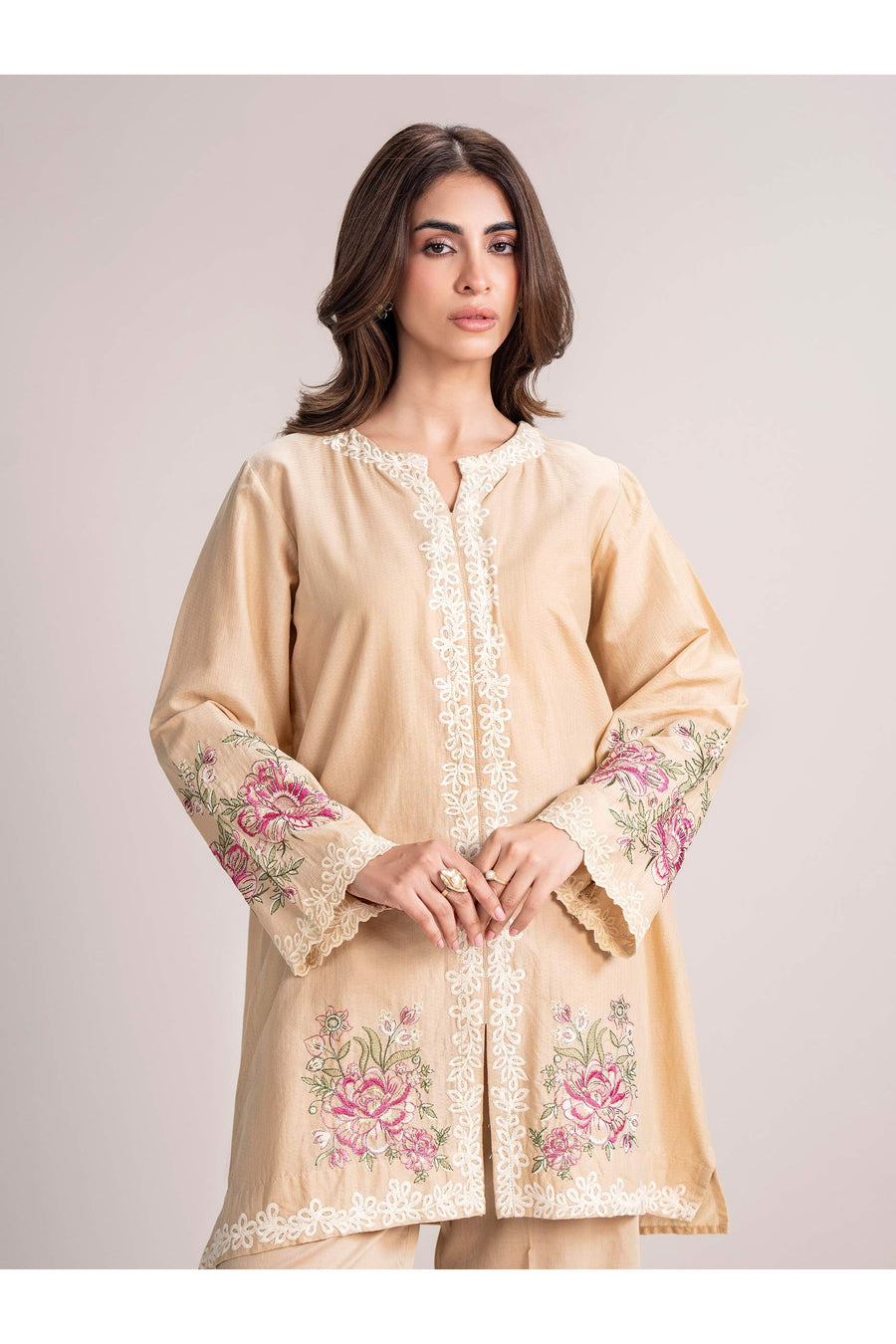 Cream Dobby 2-Piece Coord Set | Floral Resham Embroidery