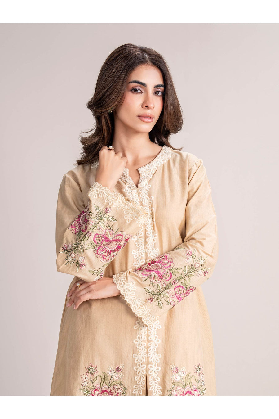 Cream Dobby 2-Piece Coord Set | Floral Resham Embroidery