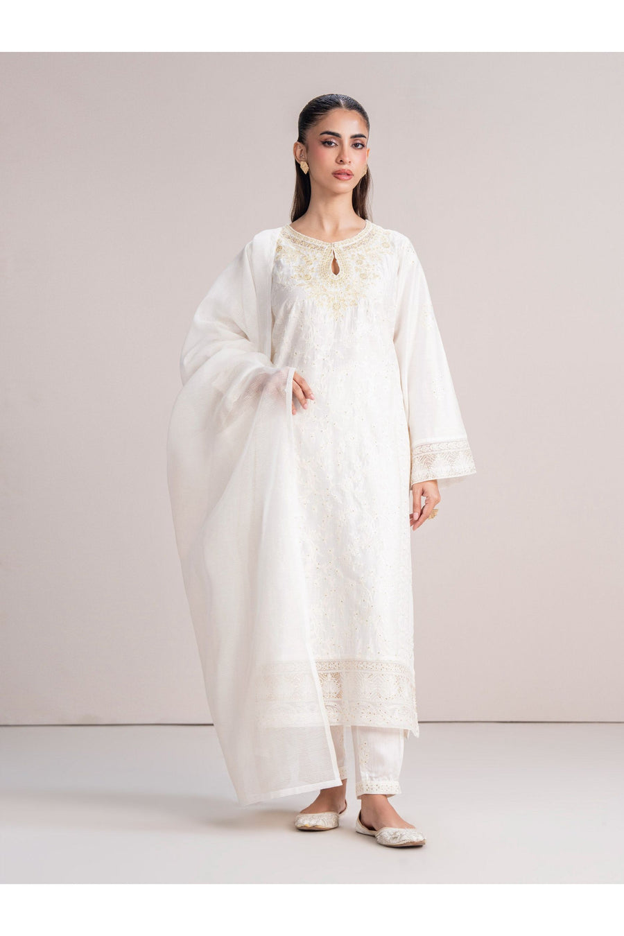 Ivory Cotton Net 3-Piece Suit | Sequin-Tilla & Organza