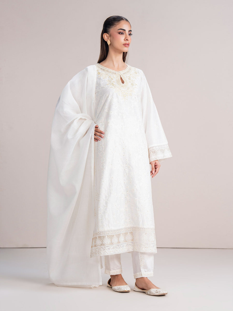 3 Piece Cotton Net Suit- Embroidered (Pret) - Pehnaawaa