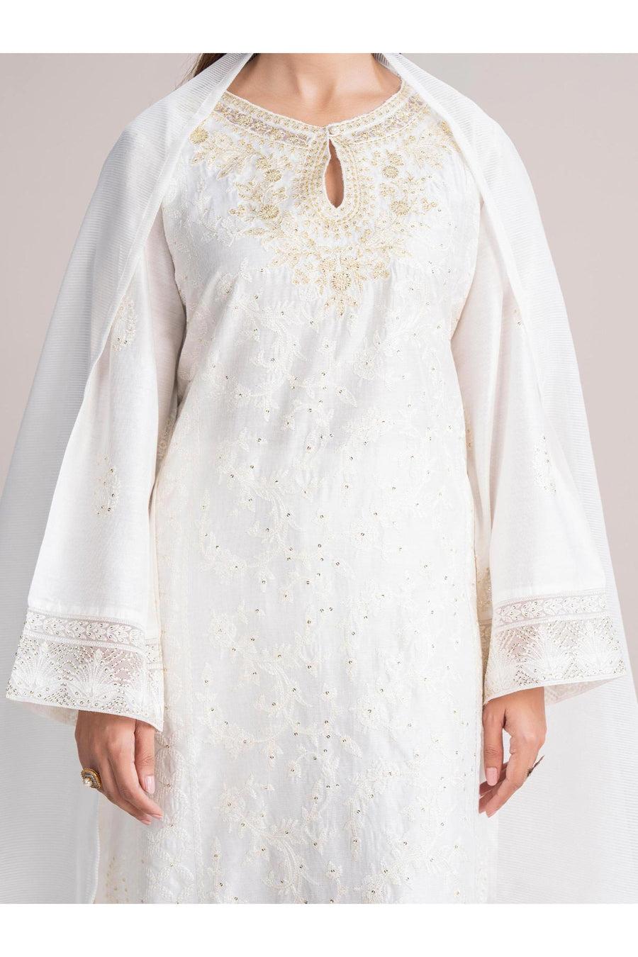 Ivory Cotton Net 3-Piece Suit | Sequin-Tilla & Organza