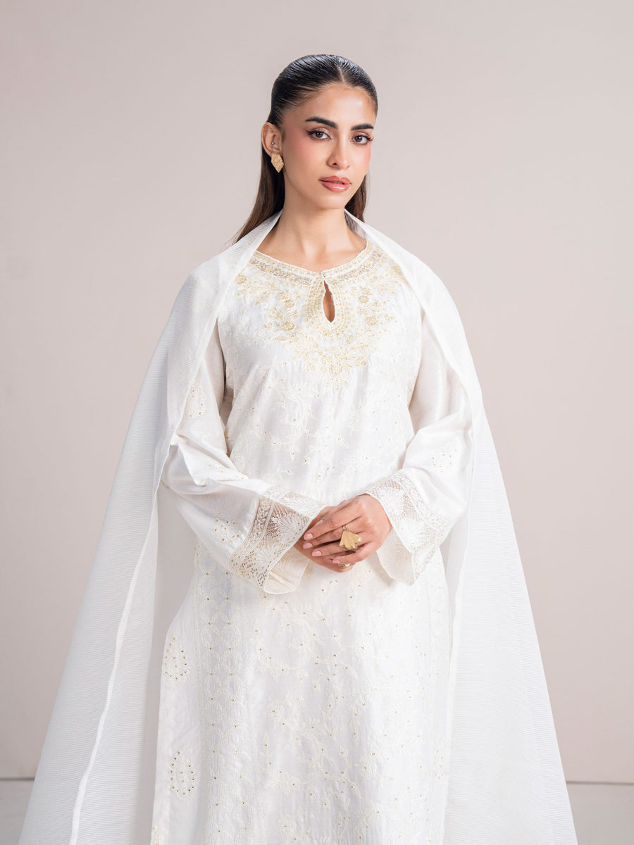 3 Piece Cotton Net Suit- Embroidered (Pret) - Pehnaawaa