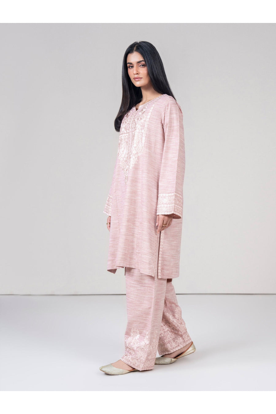 Tea Pink Linen 2-Piece Suit | Resham Embroidery Neckline - Pehnaawaa