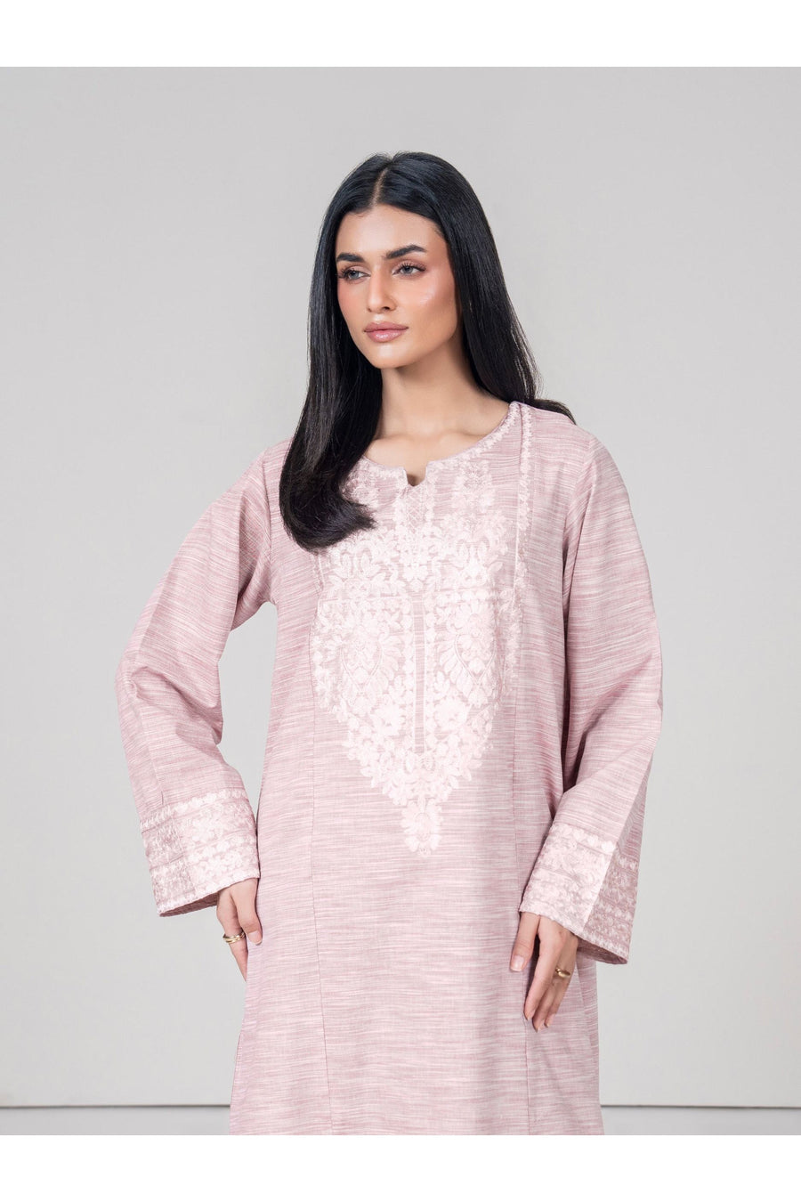 Tea Pink Linen 2-Piece Suit | Resham Embroidery Neckline - Pehnaawaa