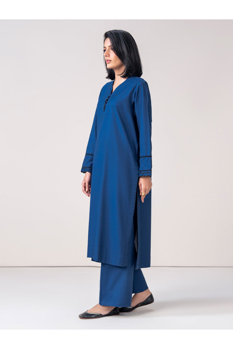 Slate Blue Cotton 2-Piece Salwar Kameez | V-Neck Resham