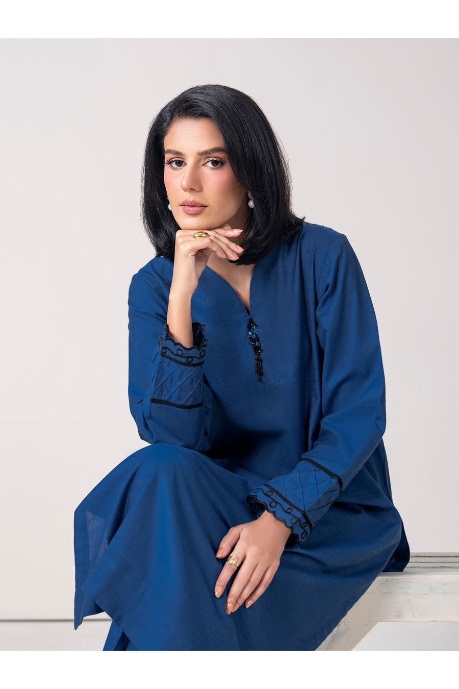 Slate Blue Cotton 2-Piece Salwar Kameez | V-Neck Resham