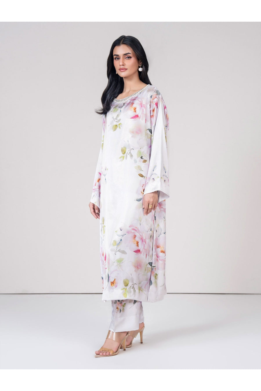Ivory Silk Charmeuse 2-Piece Suit | Floral Print with Embellished Neckline