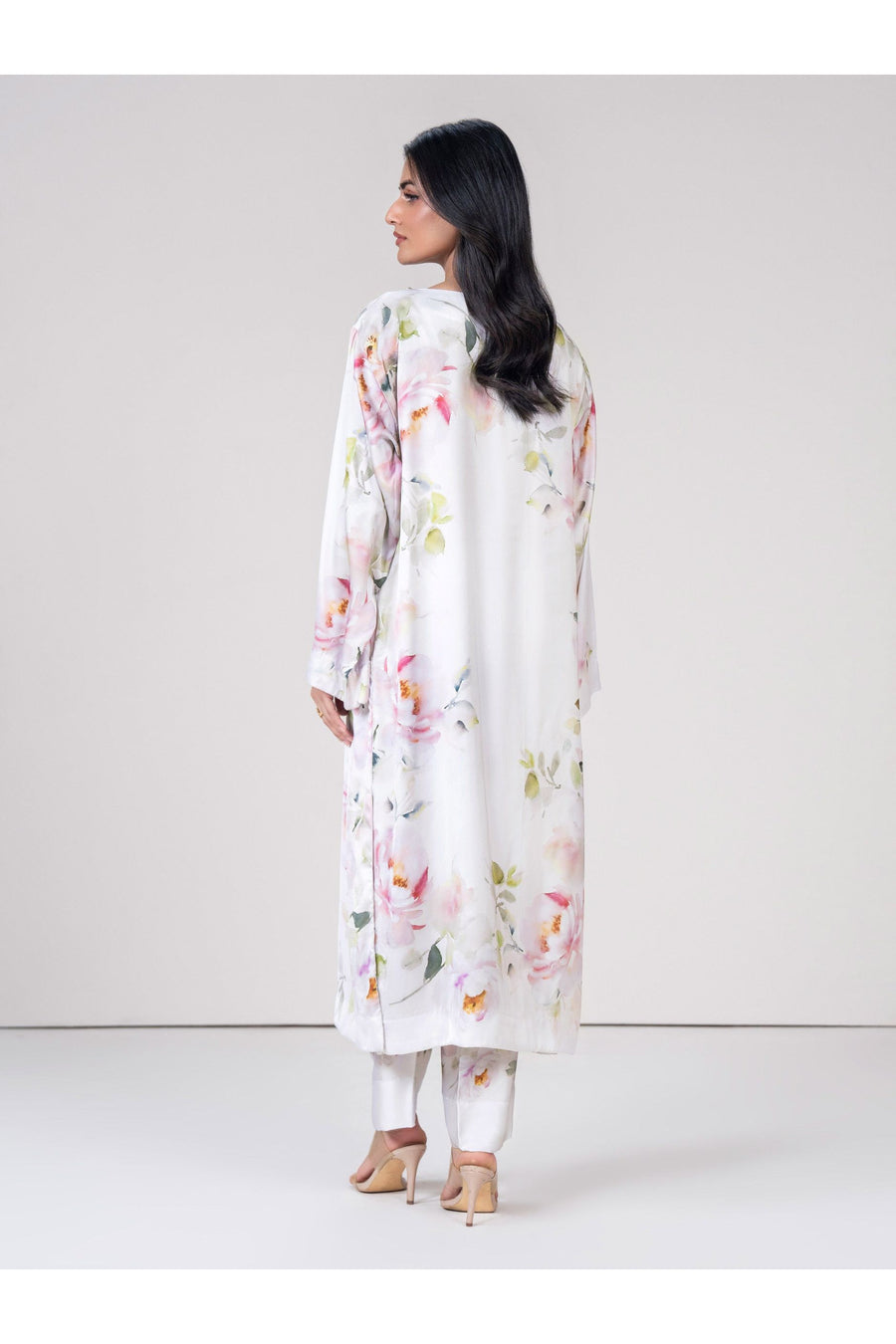 Ivory Silk Charmeuse 2-Piece Suit | Floral Print with Embellished Neckline