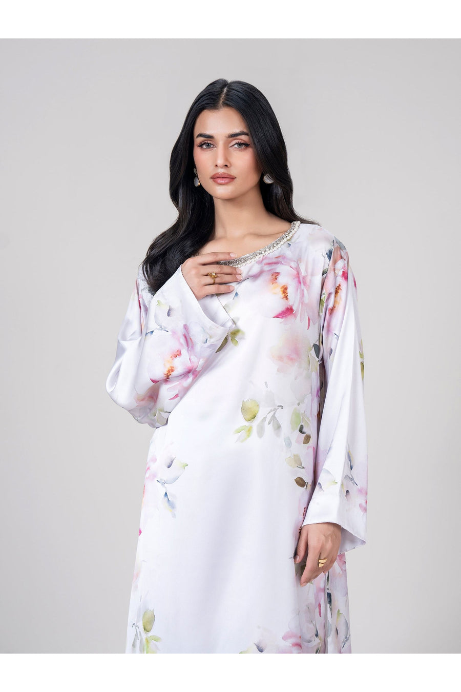 Ivory Silk Charmeuse 2-Piece Suit | Floral Print with Embellished Neckline