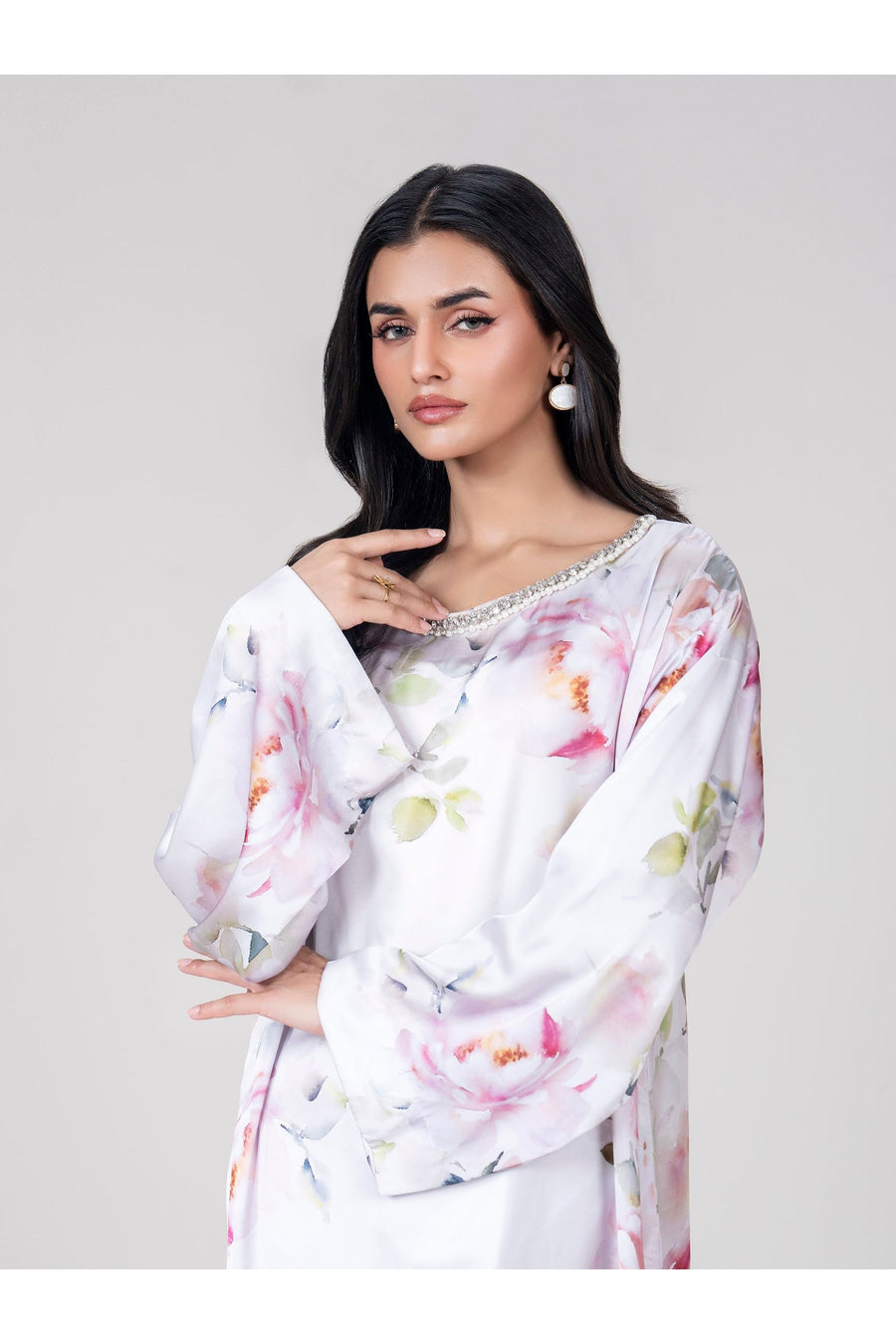 Ivory Silk Charmeuse 2-Piece Suit | Floral Print with Embellished Neckline