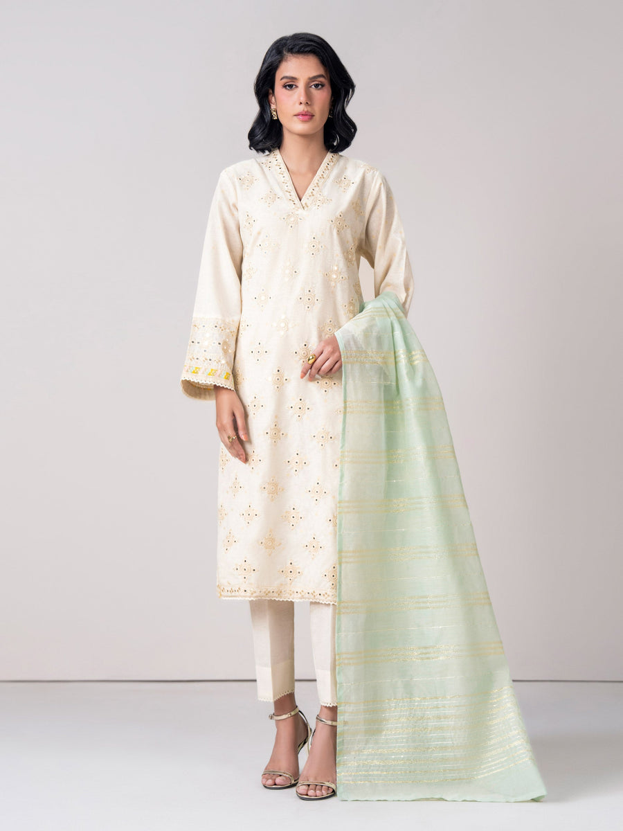 3 Piece Self Jacquard Suit- Embroidered (Pret) - Pehnaawaa