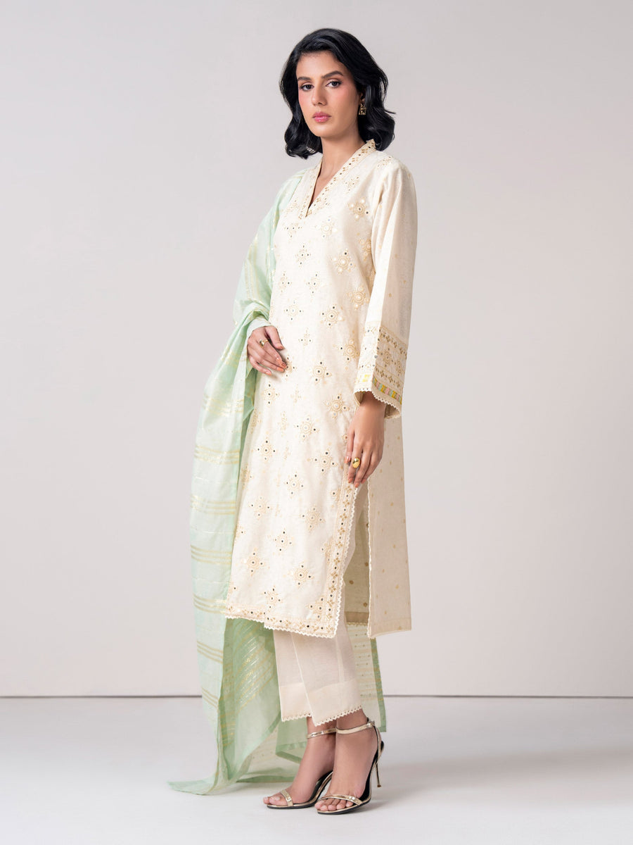 3 Piece Self Jacquard Suit- Embroidered (Pret) - Pehnaawaa