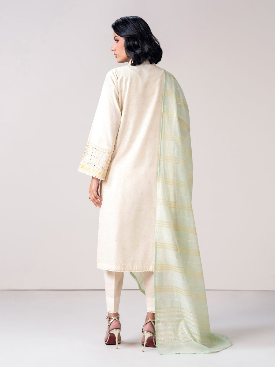 3 Piece Self Jacquard Suit- Embroidered (Pret) - Pehnaawaa