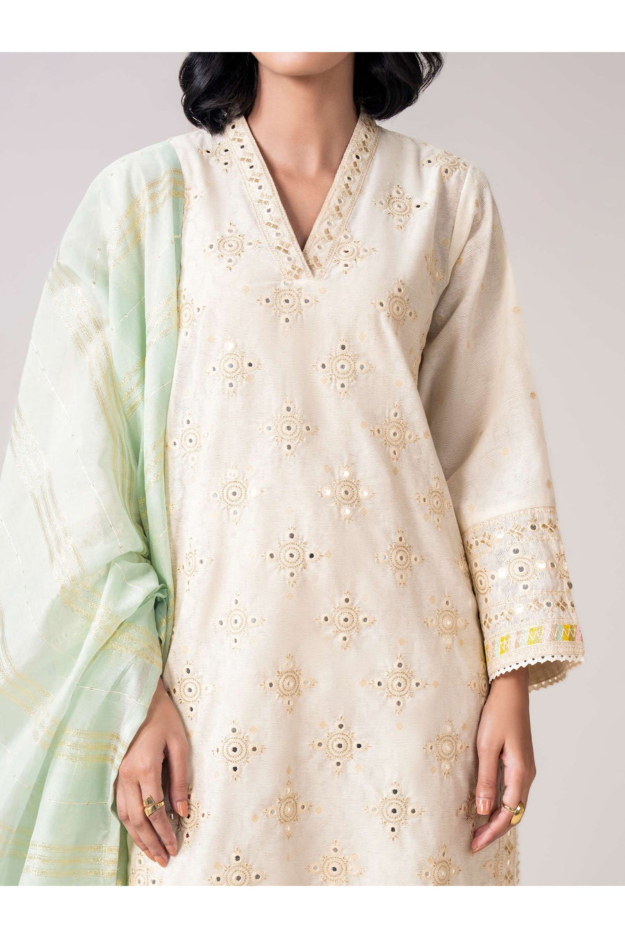 Ivory Jacquard 3-Piece Salwar Kameez | Mirror Work V-Neck