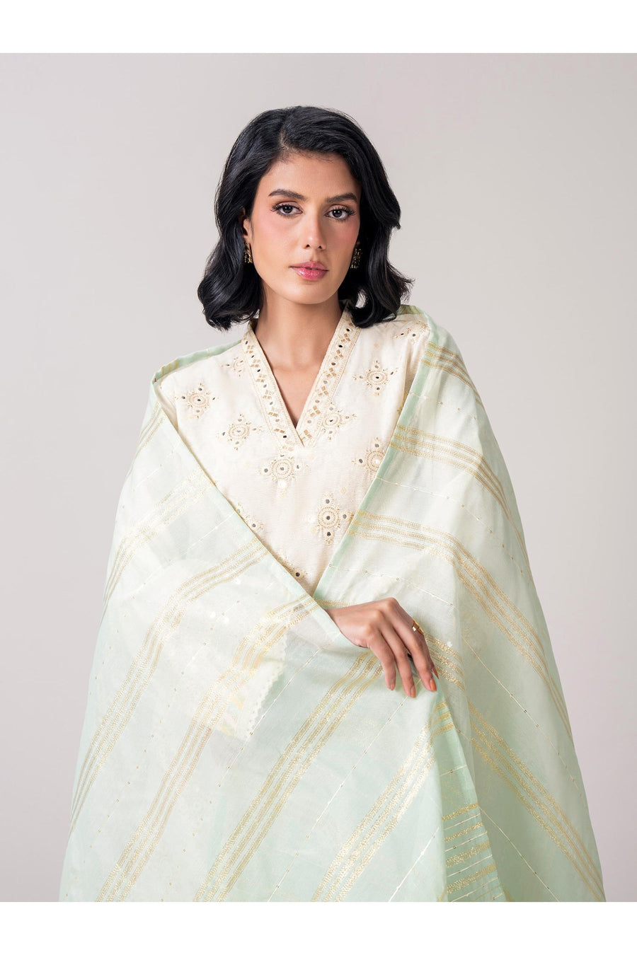 Ivory Jacquard 3-Piece Salwar Kameez | Mirror Work V-Neck