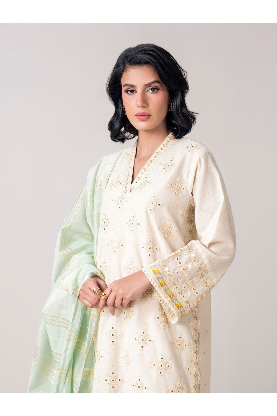 Ivory Jacquard 3-Piece Salwar Kameez | Mirror Work V-Neck