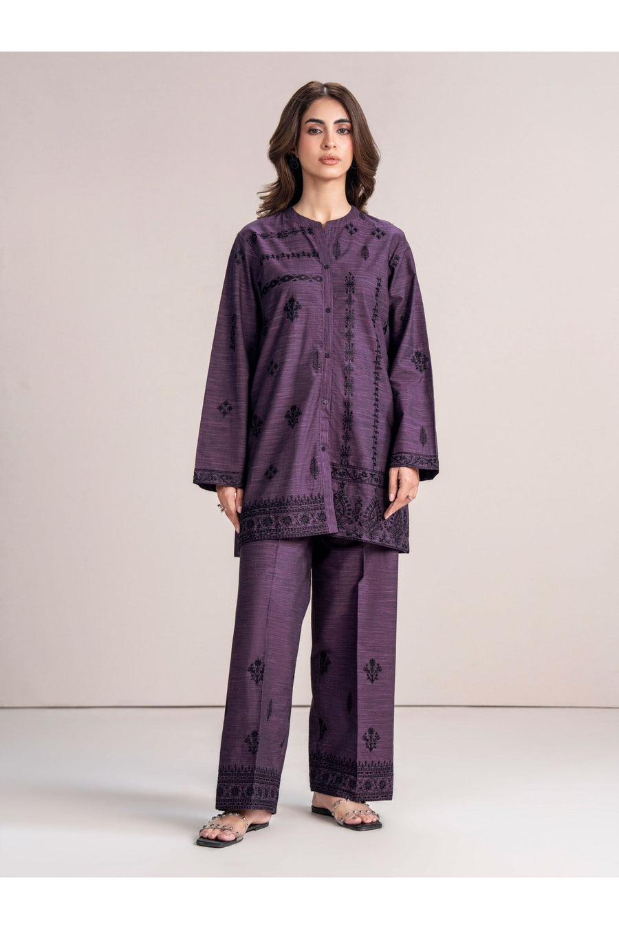 Plum Yarn-Dyed Linen 2-Piece Coord | Resham Embroidery