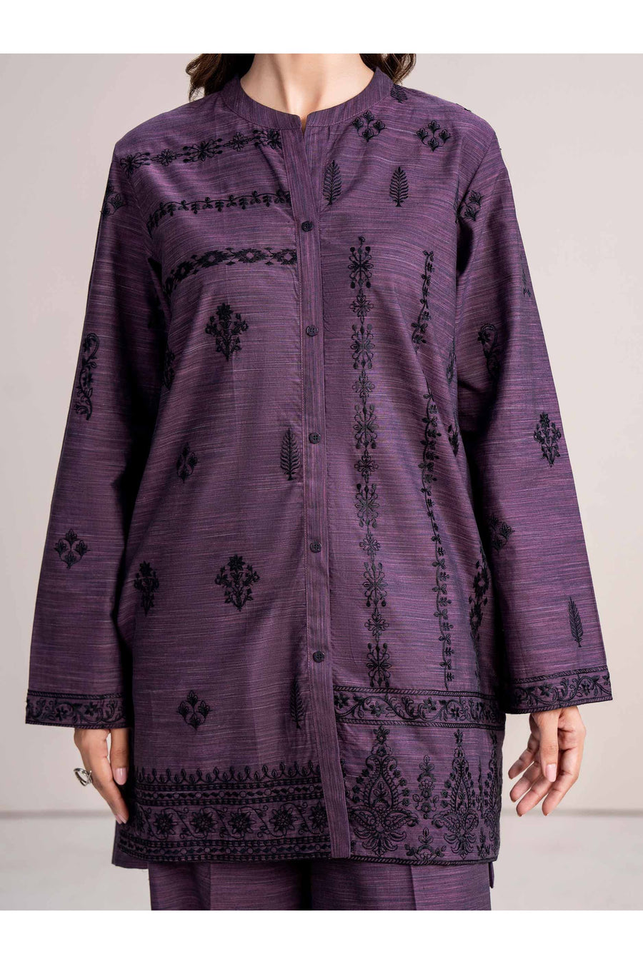 Plum Yarn-Dyed Linen 2-Piece Coord | Resham Embroidery