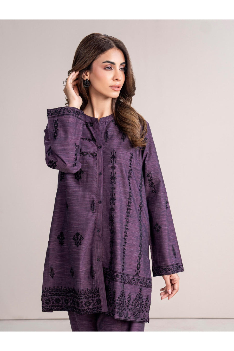 Plum Yarn-Dyed Linen 2-Piece Coord | Resham Embroidery