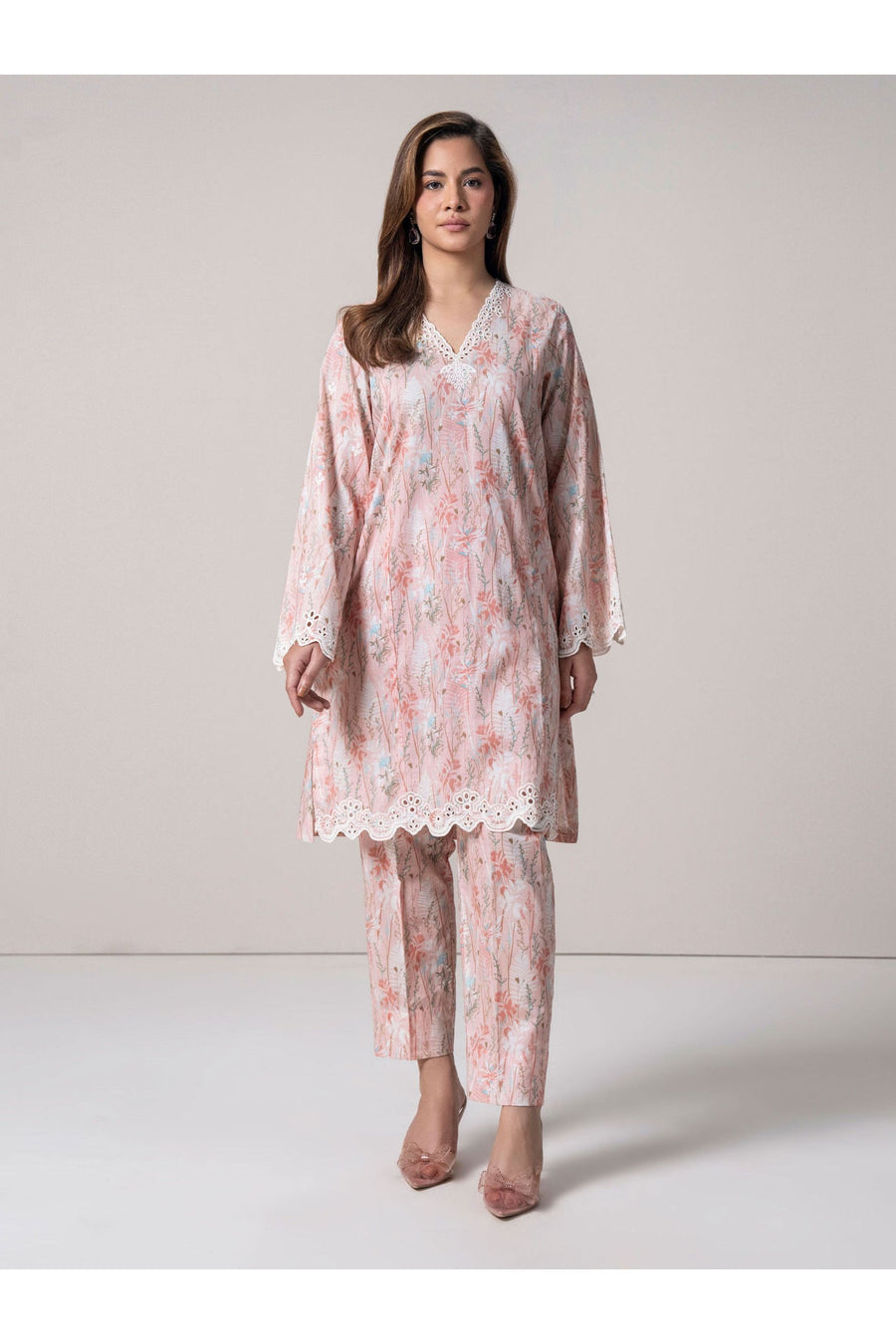 Tea Pink Cambric 2-Piece Salwar Kameez | Schiffli Lace