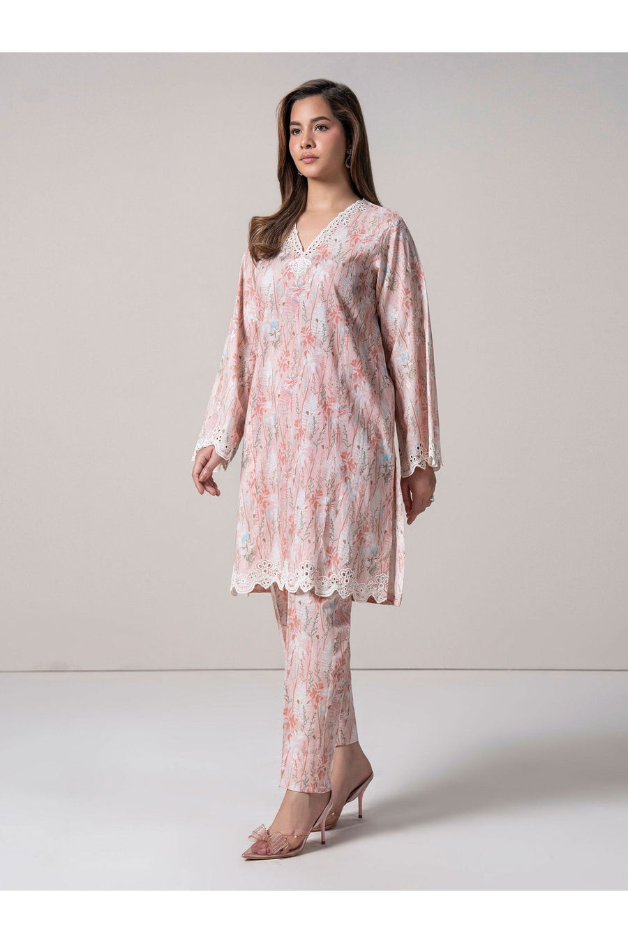 Tea Pink Cambric 2-Piece Salwar Kameez | Schiffli Lace