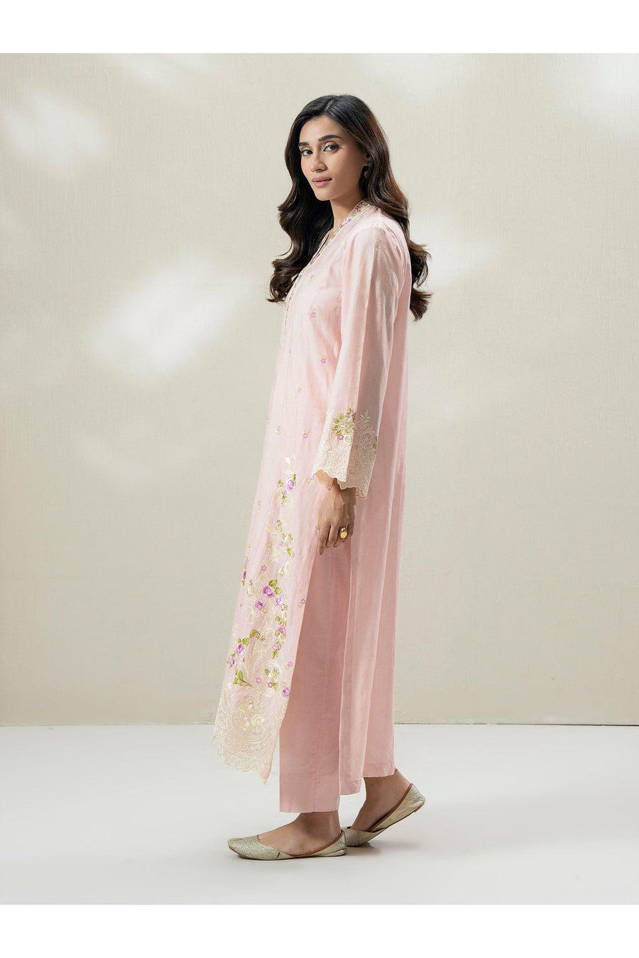Tea Pink Jacquard 3-Piece Suit | Floral Resham Embroidery