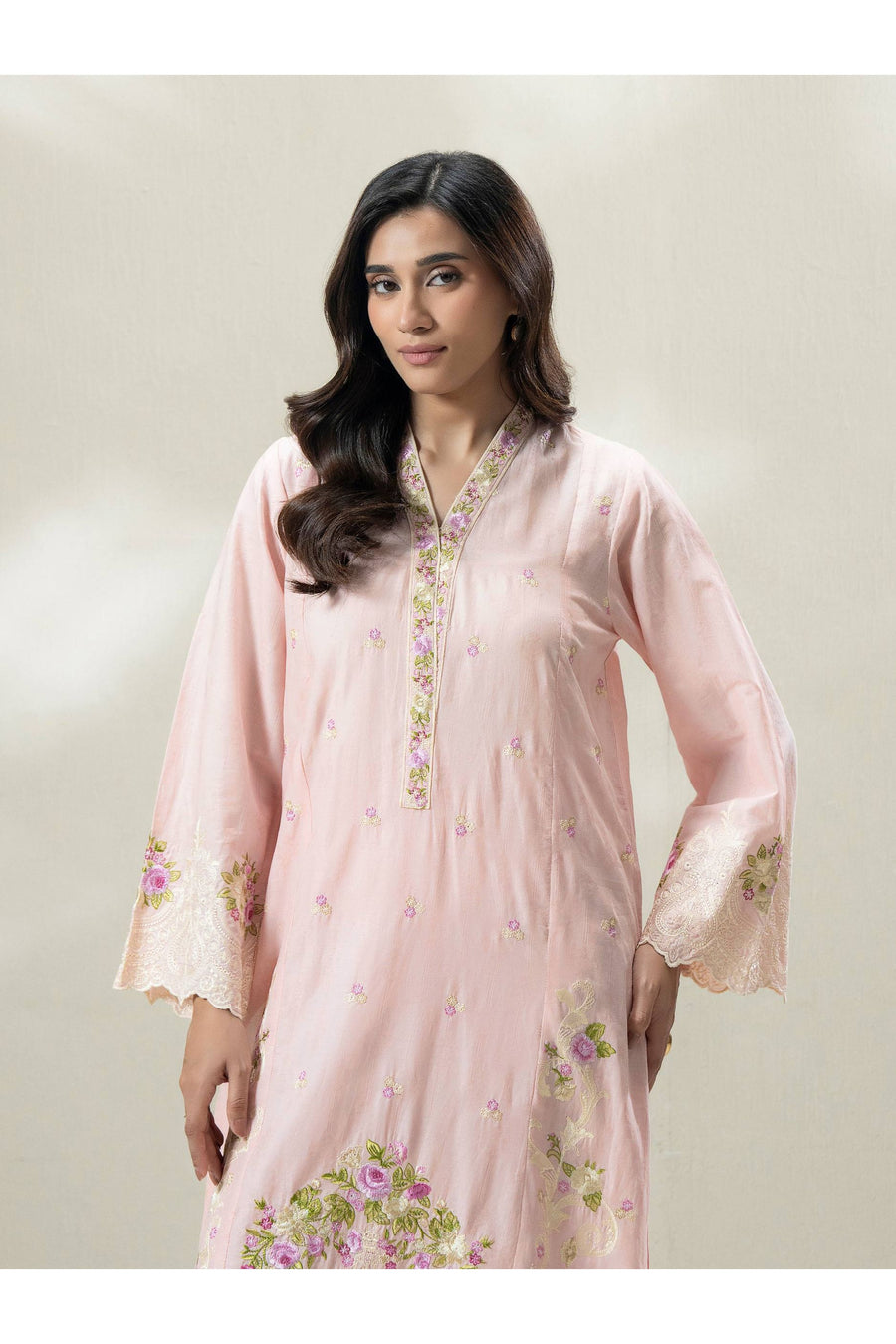 Tea Pink Jacquard 3-Piece Suit | Floral Resham Embroidery