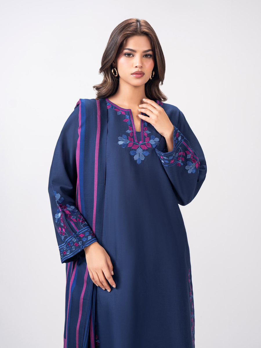 3 Piece Slub Khaddar Suit- Embroidered (Pret) - Pehnaawaa