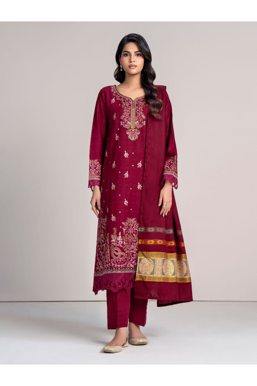 Burgundy Jacquard 3-Piece Suit | Zardosi & Gota Embroidery