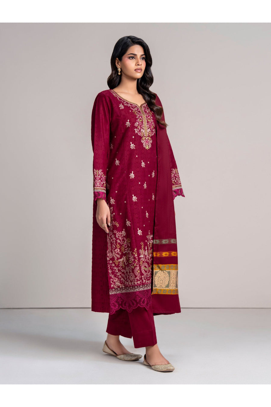 Burgundy Jacquard 3-Piece Suit | Zardosi & Gota Embroidery