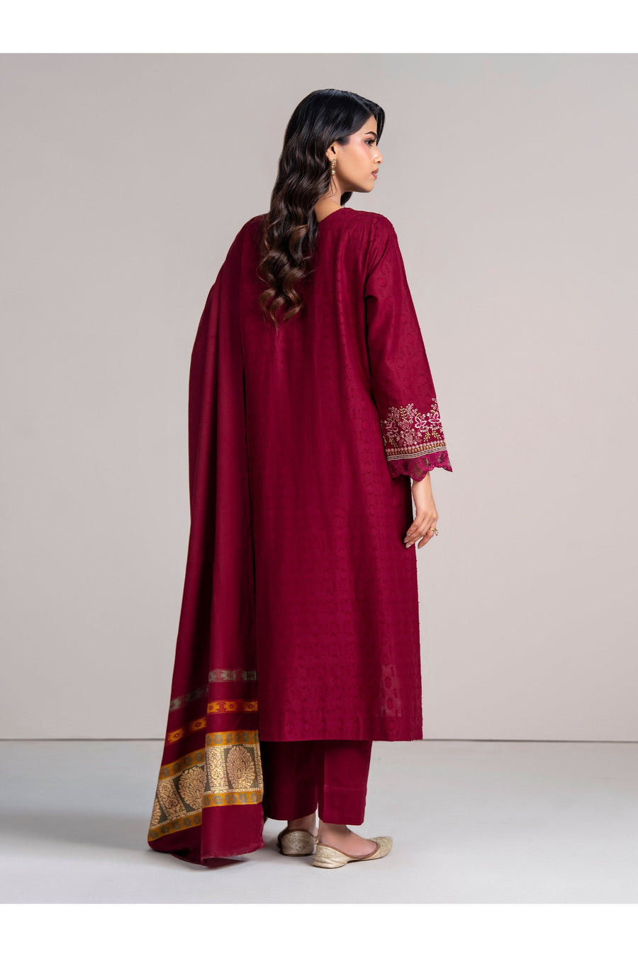 Burgundy Jacquard 3-Piece Suit | Zardosi & Gota Embroidery