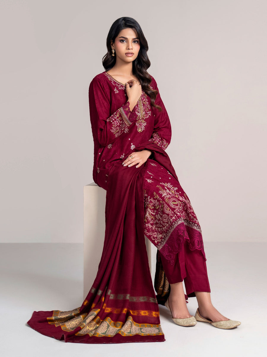 3 Piece Self Jacquard Suit- Embroidered (Pret) - Pehnaawaa