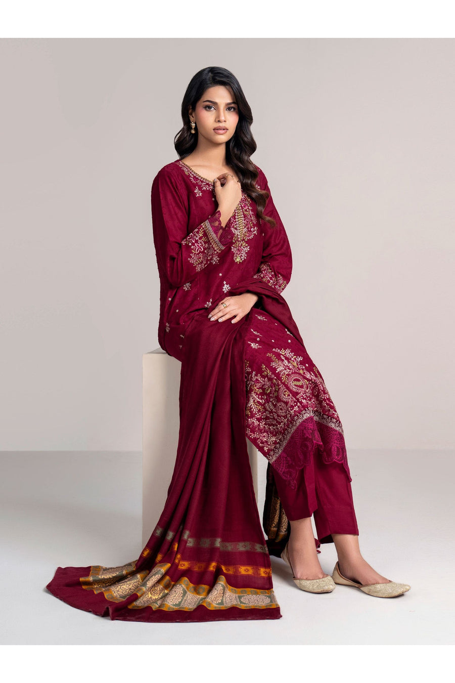 Burgundy Jacquard 3-Piece Suit | Zardosi & Gota Embroidery