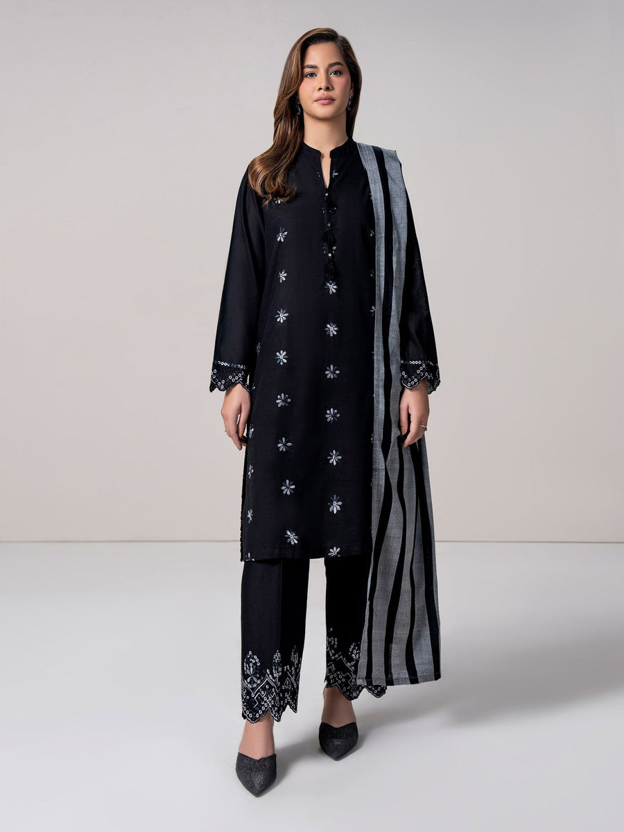 3 Piece Slub Khaddar Suit- Embroidered (Pret) - Pehnaawaa