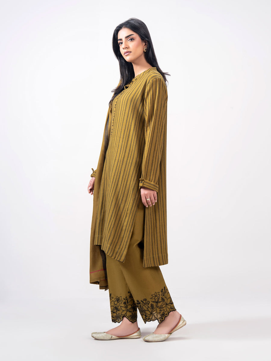 3 Piece Yarn Dyed Jacquard Suit- Embroidered (Pret) - Pehnaawaa