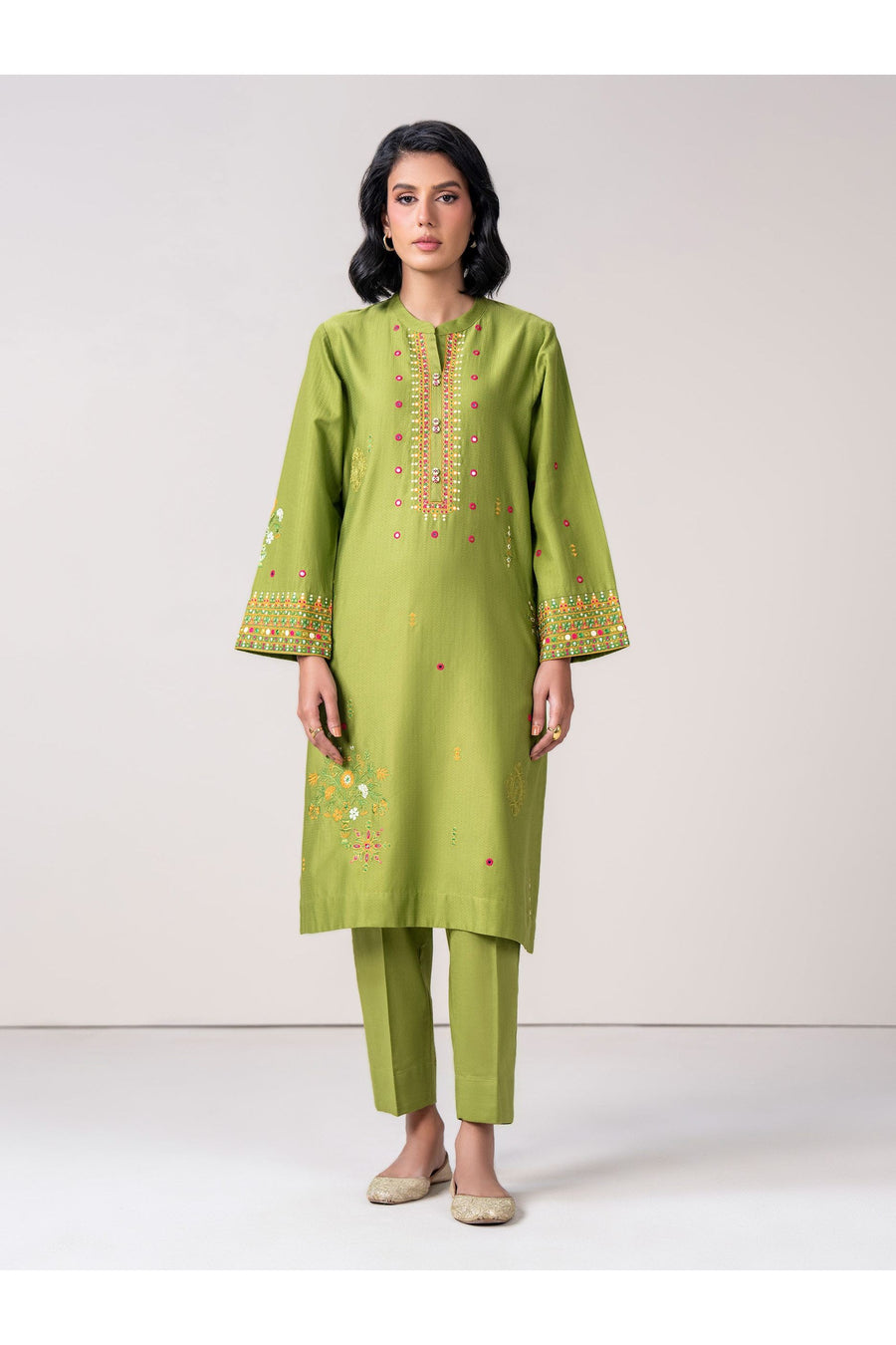 Sage Green Dobby 3-Piece Suit | Zardosi Mirror Work